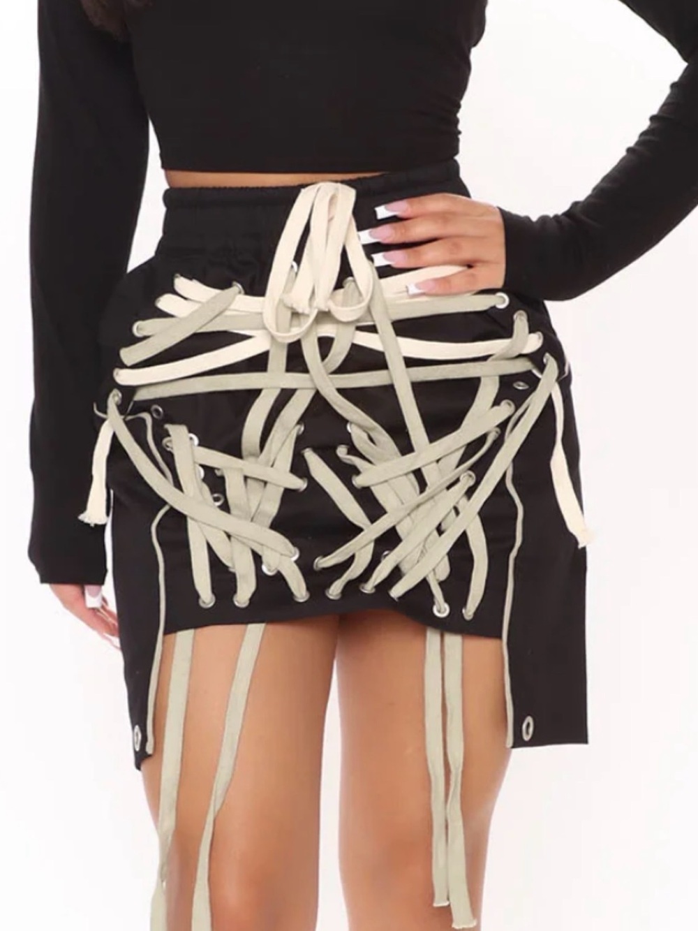 Black Mini Skirt with White Drawstring Detail size Medium Fashion Nova